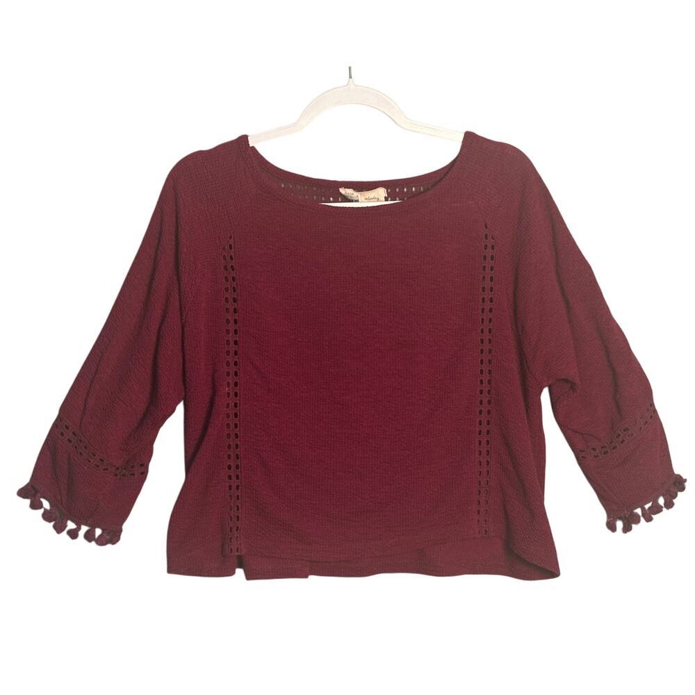 Saturday Sunday Anthropologie Sz S Crochet Knit 3/4 Sleeve Sweater Pom Pom Cuff